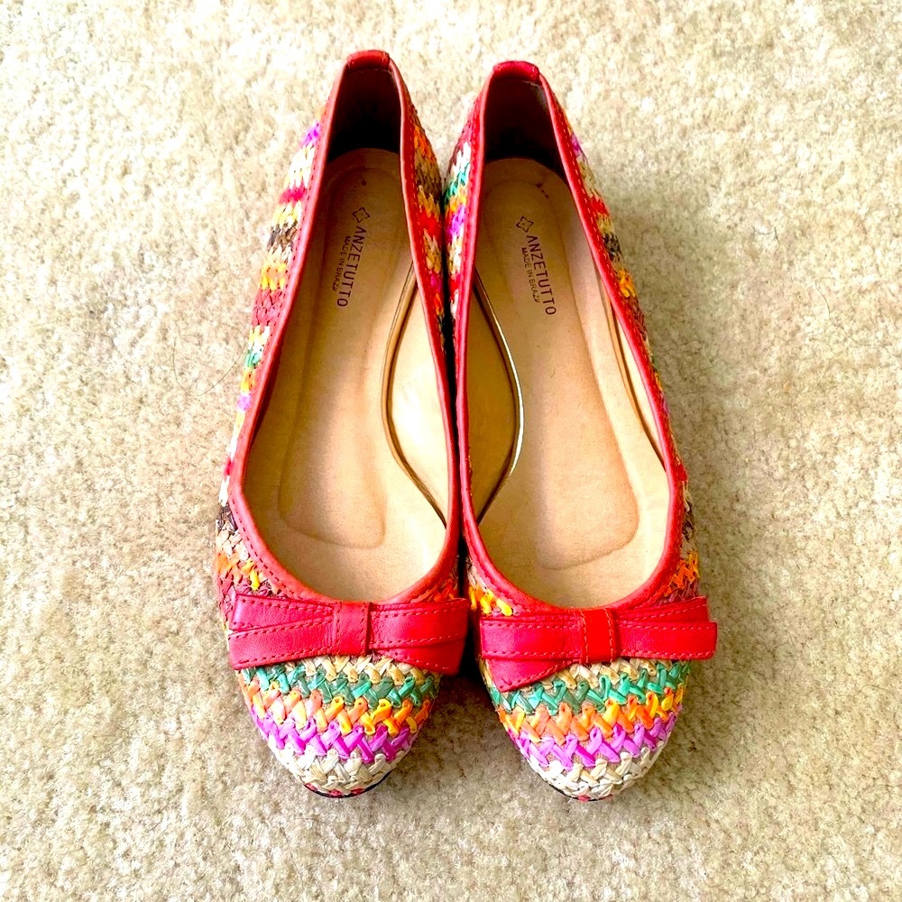 Anzetutto Orange Leather And Multicolored Raffia Ballet Flats Size 6